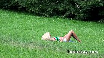 Blonde sun bathing and fucking pov in public
