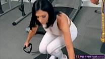 Hot busty chick fucks with her trainer in ripped yoga pants