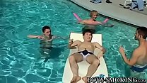 Young analled smokers cum hard in poolside threesome