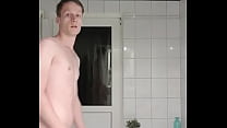 Skinny guy shows naked body before shower