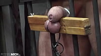 CBT testicle with testicle pillory tied up in the cage whipped d in the cell slave interrogation torment torment