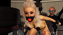 BDSM club. Hot sexy ball gagged blonde in restraints gets fucked hard by crazy midget in the lab
