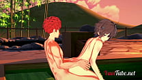 Fate Yaoi - Shirou & Sieg Having Sex in a Onsen. Blowjob and Bareback Anal with creampie and cums in his mouth 2/2