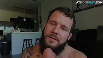 Bearded jock rides huge dildo while masturbating for jizz