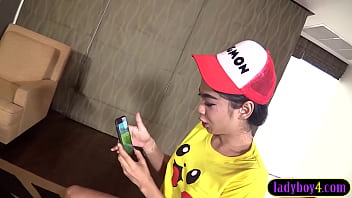 Ladyboy4.com - Pikachu Thai ladyboy teen cutie Yoyo POV blowjob and hard anal pounding