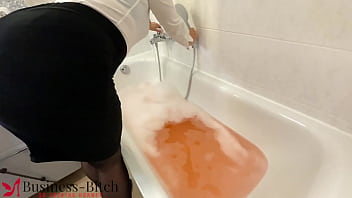 secretary seduces boss after work in business cloths - wet fun in bathtub, business-bitch