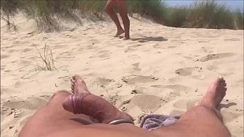 Showing off on the beach while people walk by, jerking off and cum (Full on RED)