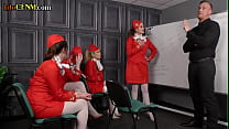 Group of CFNM stewardesses sucking guy cock in femdom action