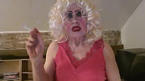 Slutty CD, Sissy Sarah Millward plays with her sissy clit and sticks dildo up her lady hole, but can't write 'Fag' on her chest properly - silly old tart!