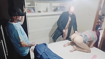 "Blindfolded wife" Husband hides friend in the wardrobe to fuck wife without her noticing!