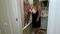 Mature MILF jerked off his cock in the bathroom and engaged in anal sex