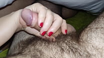 Small dick handjob. Wife's big reward for hubby's small cock. Mutual handjob with red nails until cumshot. Roundbutt2022